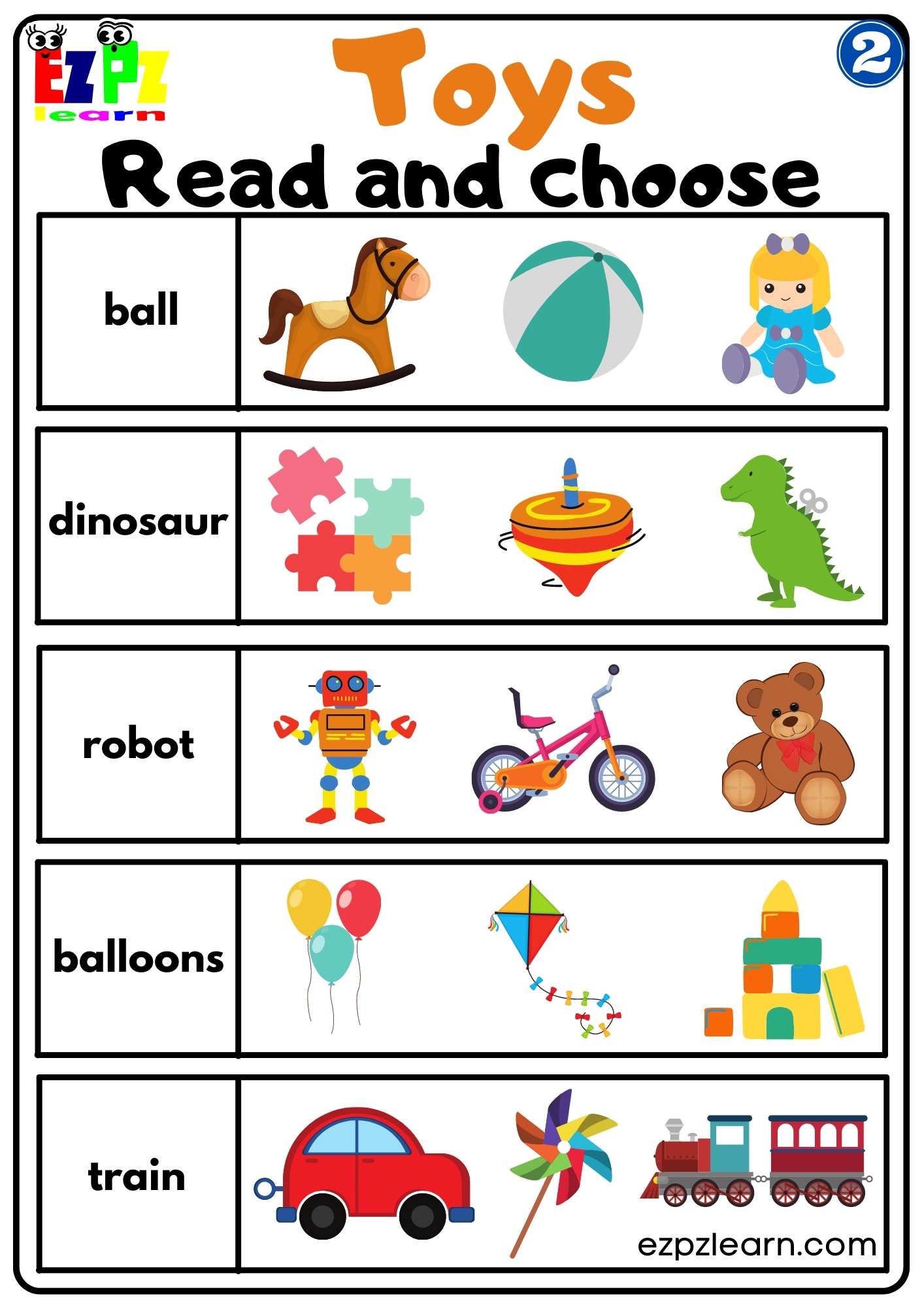 Group 2 Toys Vocabulary Read and Choose Worksheet for K5 and ESL PDF Download